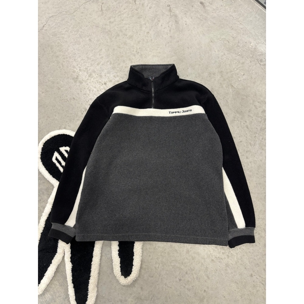 Tommy Jeans Vintage Fleece Quarter Zip Pullover Black Grey Colorblock Large